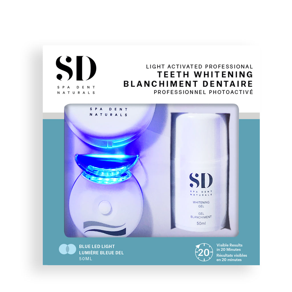 Blue light technology accelerates the whitening process uncovering your natural smile even quicker.  Visible results in only 20 minutes.  2-8 shades in 5-7 days.  Continue to brush with the provided 50 ml of home teeth whitening gel and keep your white smile plus improve your oral health. Includes blue LED light and 50ML teeth whitening gel pump.