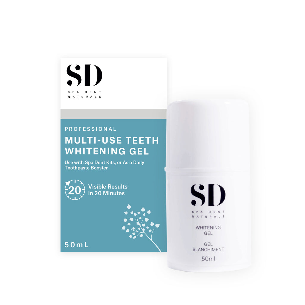 Professional Strength Multi-Use teeth whitening and Aftercare Gel in a convenient 50ml airless pump. Use in Spa Dent dual arch comfort fit trays, custom dental trays to whiten or as a nightly toothpaste booster.